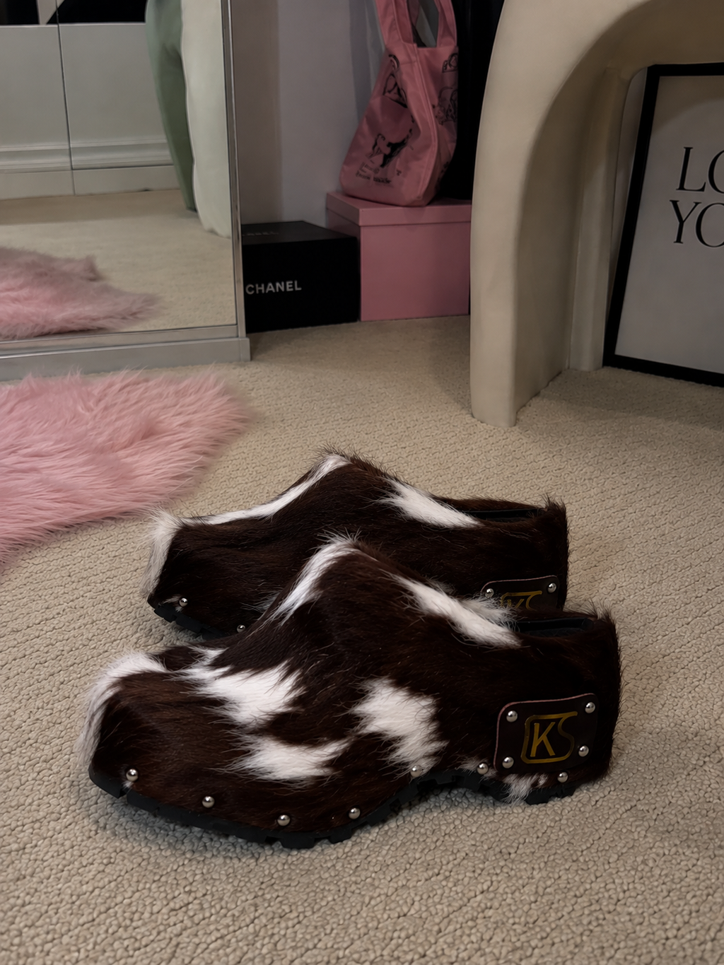 Cowhide Fur Studded Clog Mules