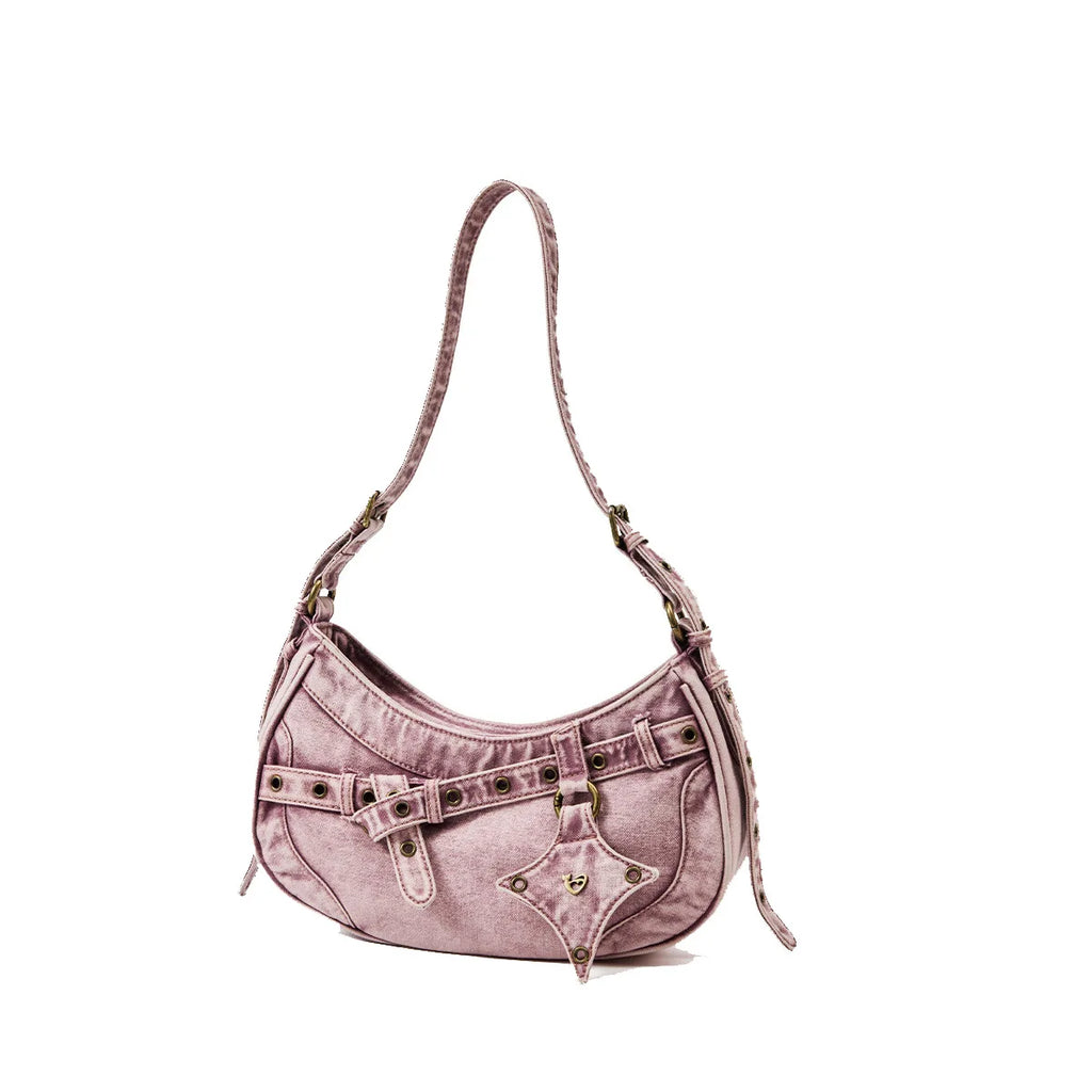 Pink Vintage Wash Denim Hobo Bag