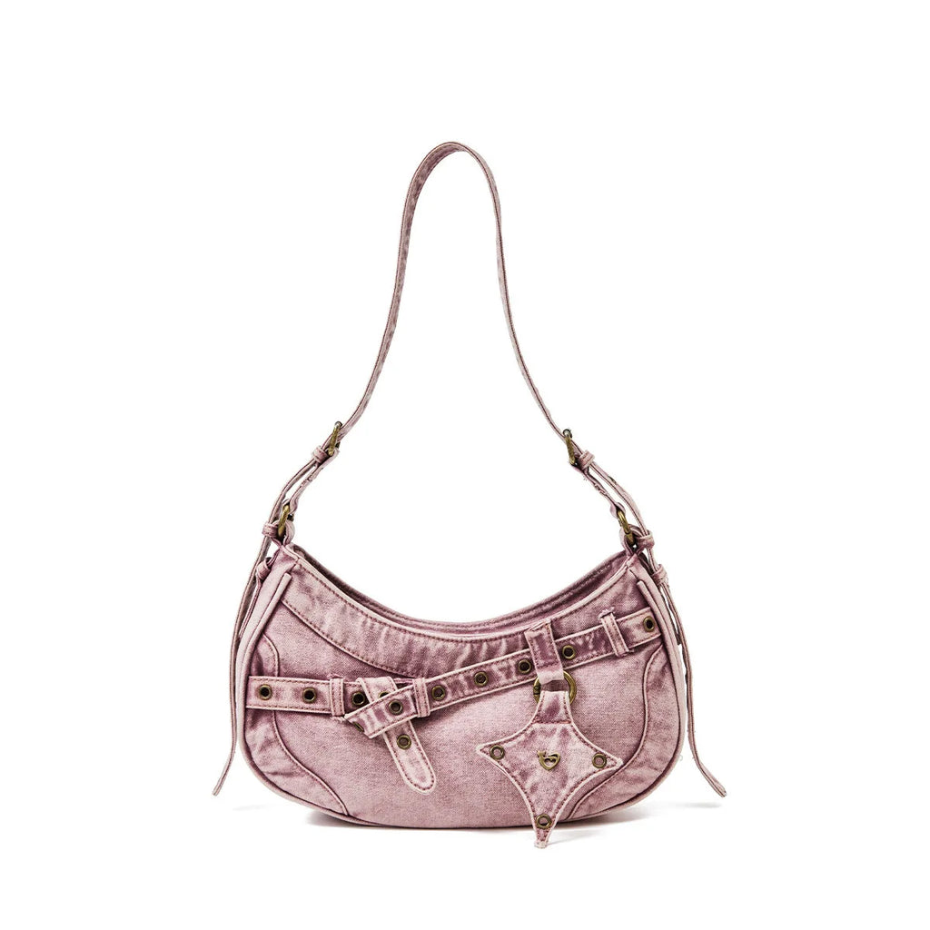 Pink Vintage Wash Denim Hobo Bag