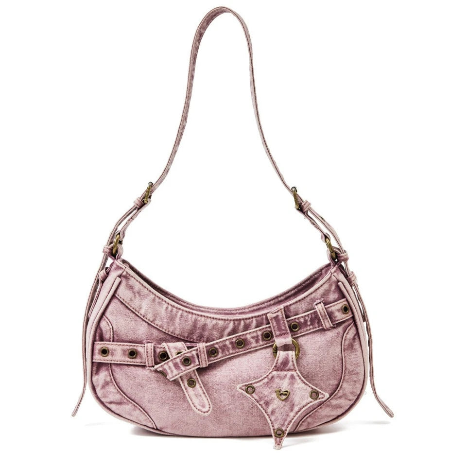 Pink Vintage Wash Denim Hobo Bag