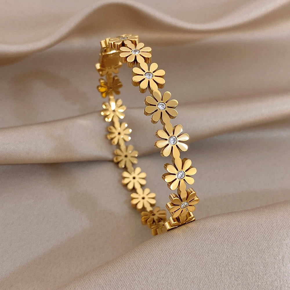 Zircon Flower Cuff Waterproof Bangle